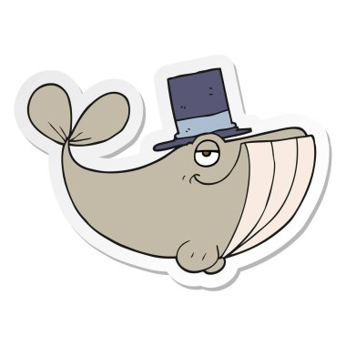 Silindir şapka giyen bir karikatür balinanın etiket