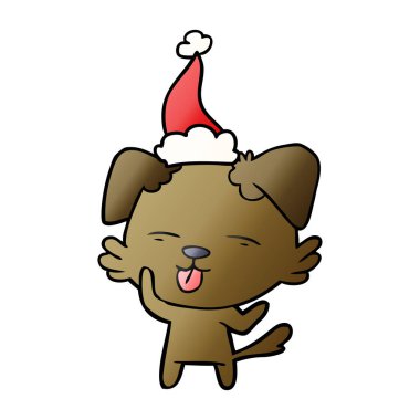 Noel Baba şapkası giyen dilini bir köpek degrade çizgi film