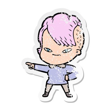 hippi saç kesimi ile sevimli çizgi kızın sıkıntılı etiket