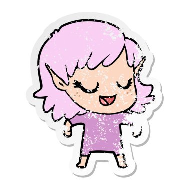 bir mutlu karikatür elf kızın sıkıntılı etiket