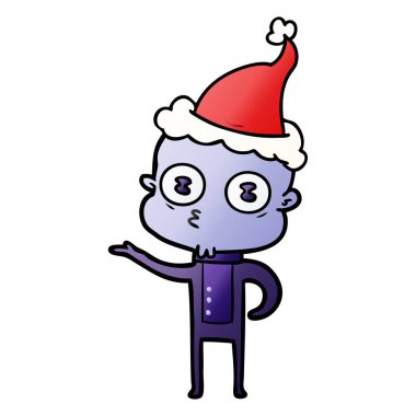 Noel Baba şapkası giyen bir garip kel uzay adamı, degrade çizgi film el çekilmiş