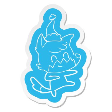 Noel Baba şapkası giyen dostu tilki çizgi film etiketi