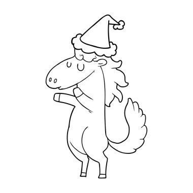 çizim için Noel Baba şapkası giyen bir at el çekilmiş