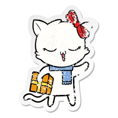 bir çizgi film kız kedi Noel hediyesi ile sıkıntılı etiket