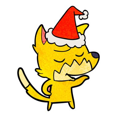 Noel Baba şapkası giyen bir tilkinin dokulu çizgi film dostu el çekilmiş