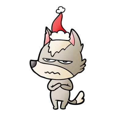 Noel Baba şapkası giyen rahatsız kurt degrade çizgi film