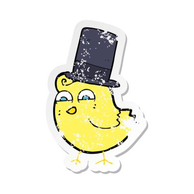 Silindir şapka giyen bir karikatür kuş Retro sıkıntılı etiket