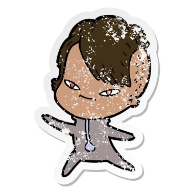 hippi saç kesimi ile sevimli çizgi kızın sıkıntılı etiket