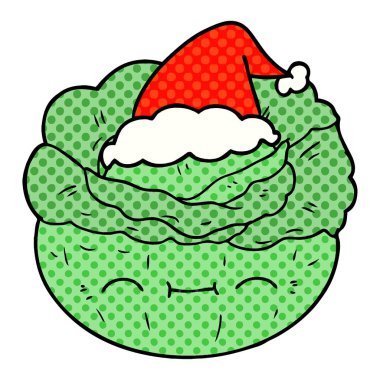 çizgi roman tarzı illüstrasyon Noel Baba şapkası giyen bir lahana el çekilmiş