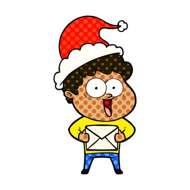 çizgi roman tarzı illüstrasyon santa şapka mutlu bir adamın el çekilmiş