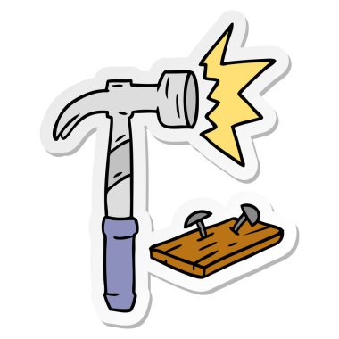 elle çizilmiş etiket karikatür doodle bir çekiç ve çivi