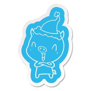 Noel Baba şapkası giyen bir domuz mutlu ilginç çizgi film etiketi