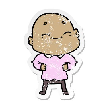 karikatür mutlu bir kel adamın sıkıntılı etiket