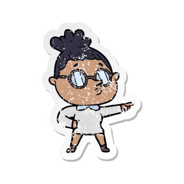 gözlük takan bir karikatür kadının sıkıntılı etiket