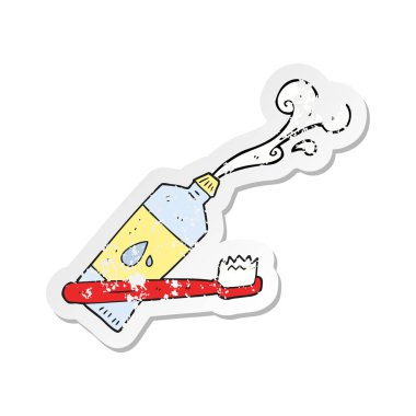Retro sıkıntılı etiket bir karikatür diş fırçası ve diş macunu