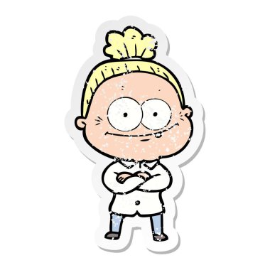 bir karikatür mutlu yaşlı kadının sıkıntılı etiket