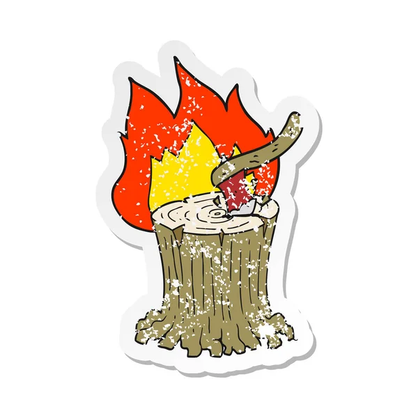 Retro sıkıntılı etiket yanan ağaç kütüğü bir karikatür balta — Stok Vektör