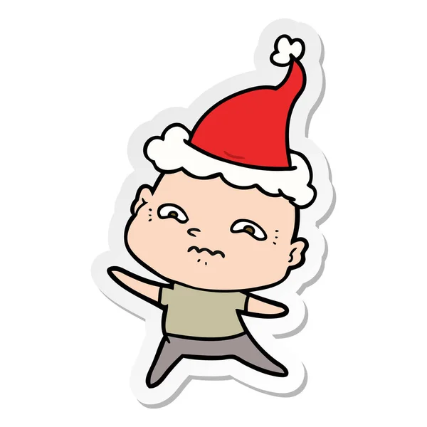 Sticker cartoon of a nervous man wearing santa hat — 图库矢量图片