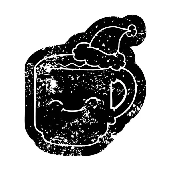 Schrullige Karikatur Verstörte Ikone Eines Kaffeebechers Mit Weihnachtsmütze — Stockvektor