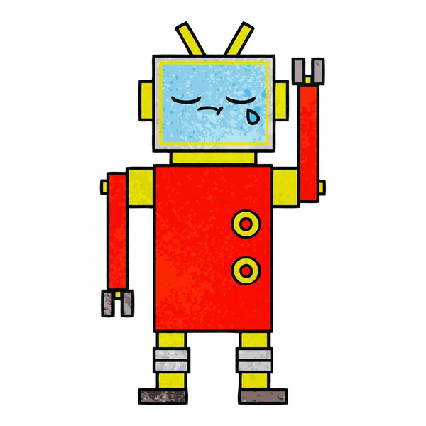 Caricatura Textura Grunge Retro Robot Llorando — Vector de stock