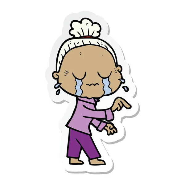 Sticker of a cartoon crying old lady — Stock Vector