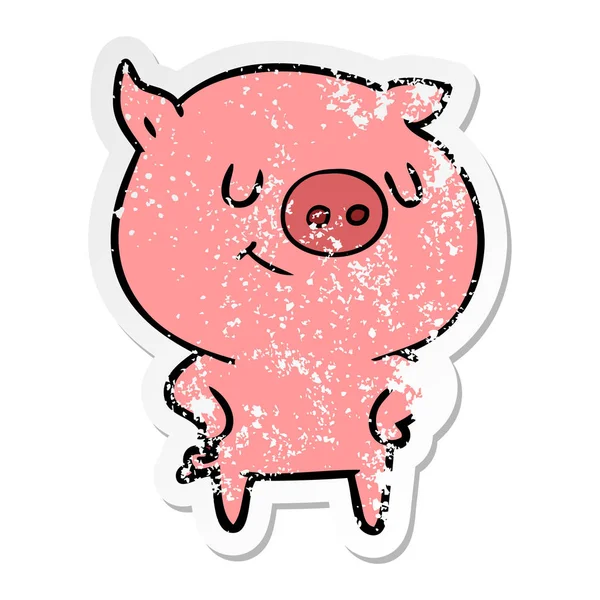 Adesivo angosciato di un maiale cartone animato felice — Vettoriale Stock
