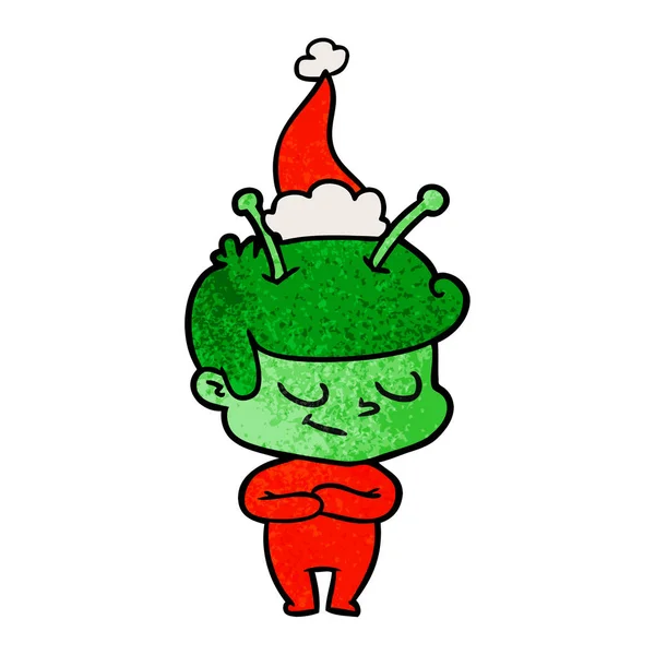산타 모자를 쓰고 우주인의 친절 한 질감된 만화 — 스톡 벡터