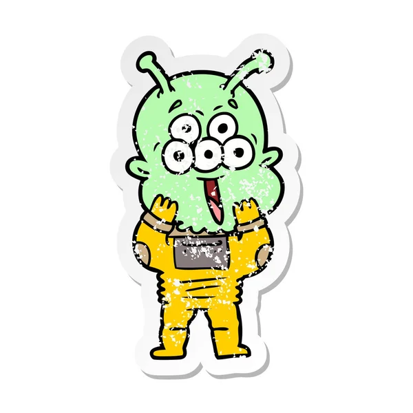 Distressed sticker of a happy cartoon alien — Stock Vector