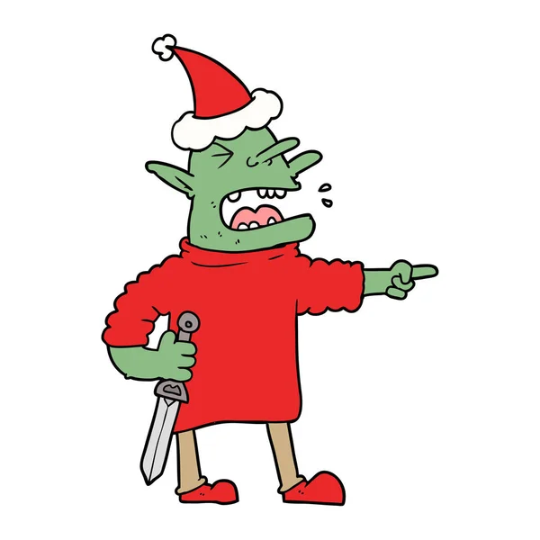 Linha de desenho de um goblin com faca usando chapéu de santa —  Vetores de Stock