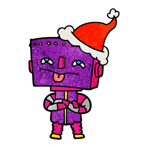 산타 모자를 쓰고 로봇의 질감된 만화 — 스톡 벡터