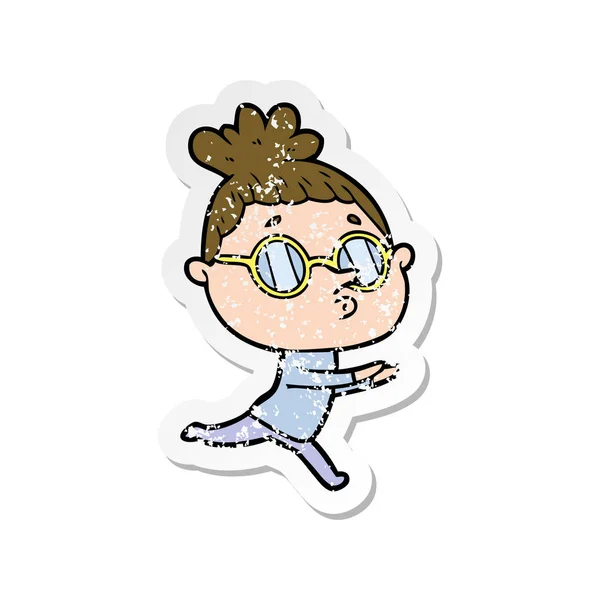 Distressed Sticker Cartoon Woman Wearing Glasses — Stock Vector