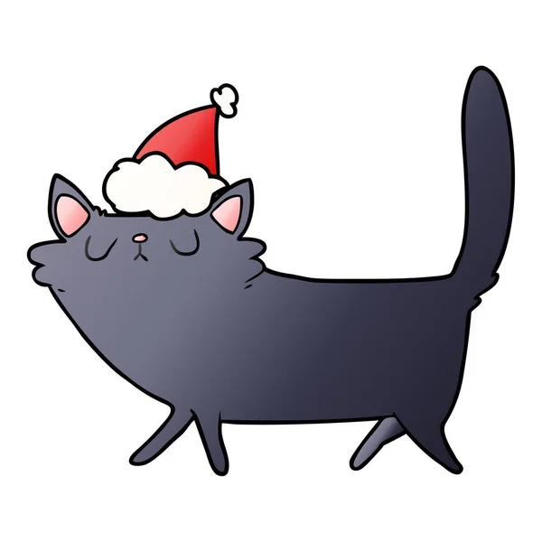 Dessin animé dégradé d'un chat noir portant un chapeau de Père Noël — Image vectorielle
