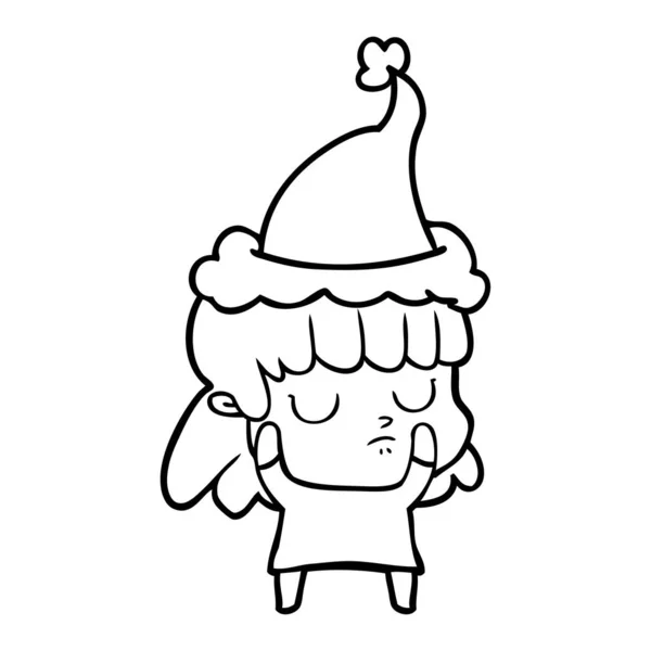Linha de desenho de uma mulher indiferente vestindo chapéu de santa — Vetor de Stock