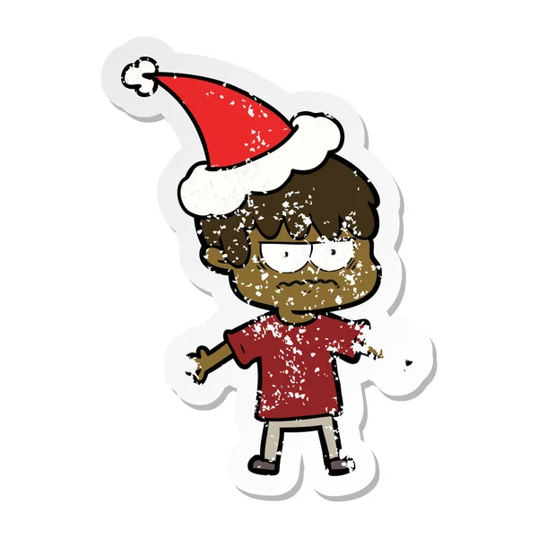 Aufkleber-Karikatur eines Jungen mit Weihnachtsmütze — Stockvektor