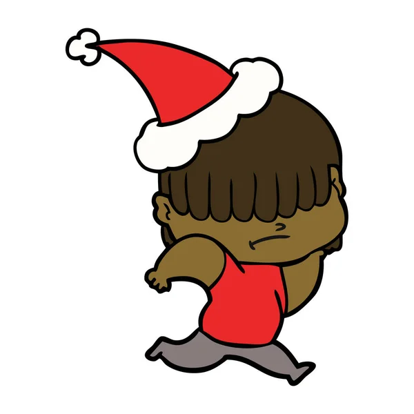 Kreslení čar chlapce s rozcuchané vlasy, nosí klobouk santa — Stockový vektor