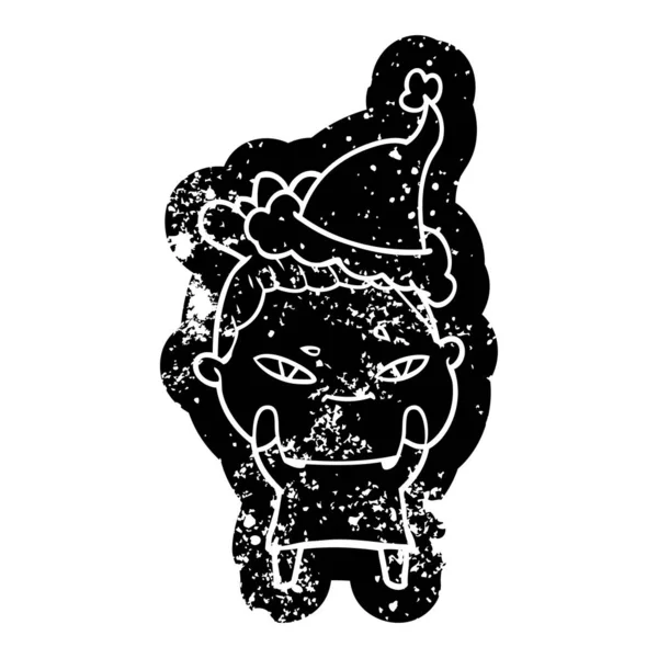 Icône de dessin animé en détresse d'une femme portant un chapeau de Père Noël — Image vectorielle