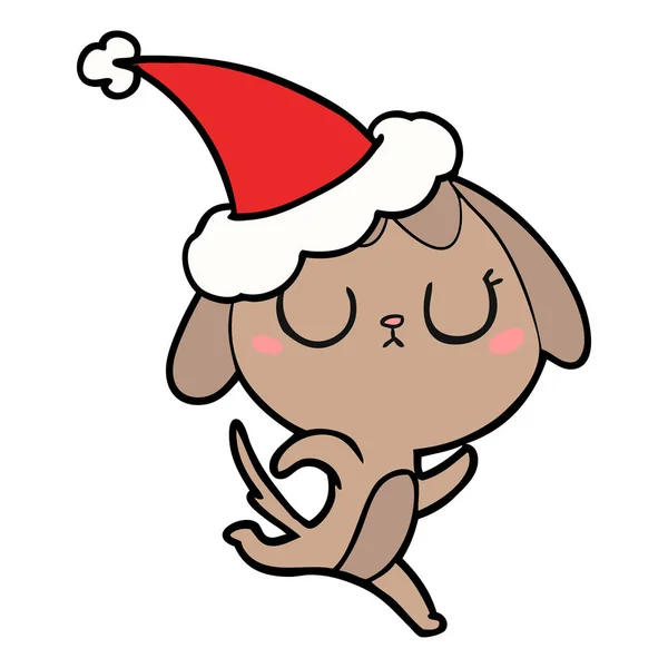 Dessin de ligne mignon d'un chien portant le chapeau de Père Noël — Image vectorielle