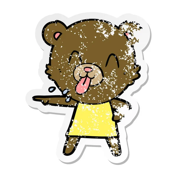 Distressed sticker of a rude cartoon bear pointing — Stock Vector