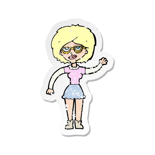 Pegatina Retro Angustiado Una Mujer Dibujos Animados Ondeando Con Gafas — Vector de stock