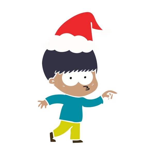 Nerviosa ilustración a color plano de un niño con sombrero de santa — Vector de stock