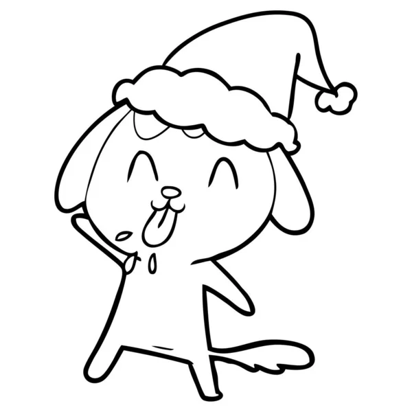 Dessin de ligne mignon d'un chien portant le chapeau de Père Noël — Image vectorielle