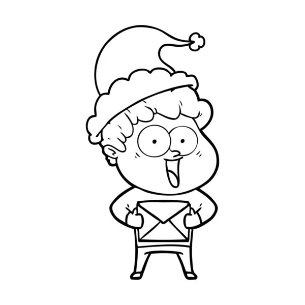 Line drawing of a happy man wearing santa hat — Stock Vector