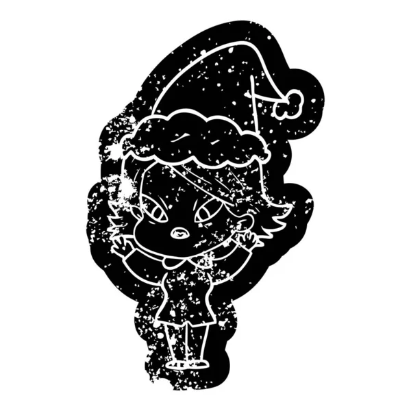 Icône de dessin animé en détresse d'une femme stressée portant un chapeau de Père Noël — Image vectorielle