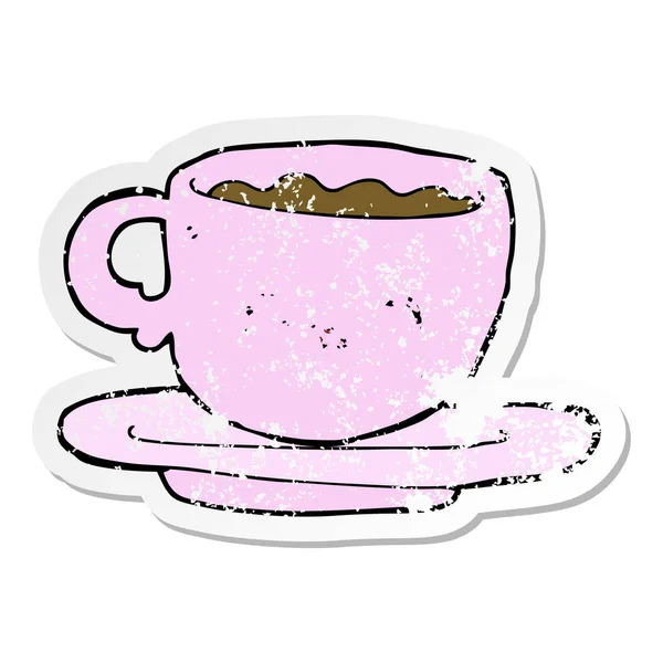 Verontruste sticker van een cartoon hete kop koffie — Stockvector