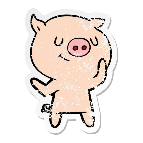 Distressed Sticker Happy Cartoon Pig — Stock Vector