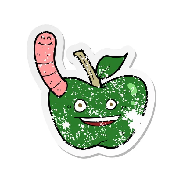 Retro Noodlijdende Sticker Van Een Cartoon Appel Met Worm — Stockvector