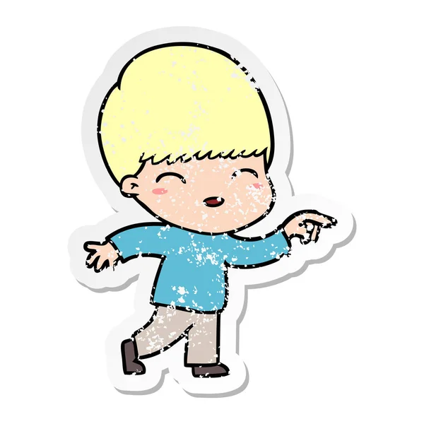 Verontruste sticker van een happy cartoon-jongen — Stockvector