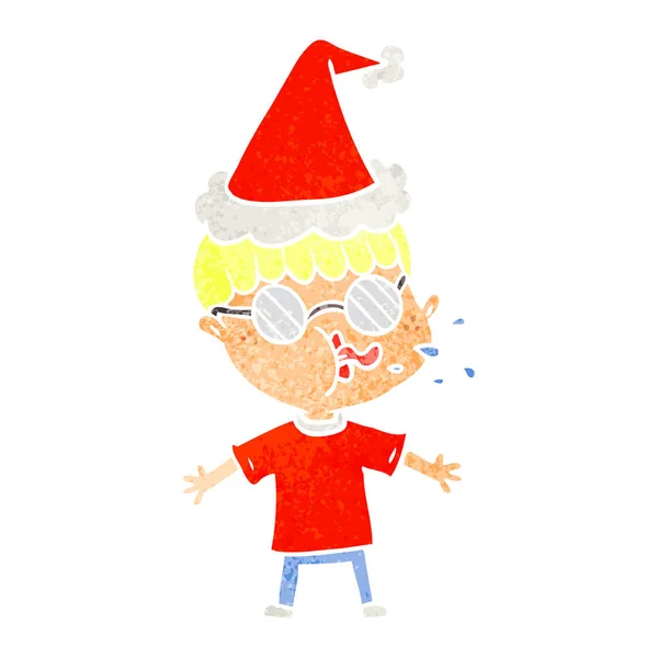 Retro kreslené chlapce nosit brýle nosit klobouk santa — Stockový vektor