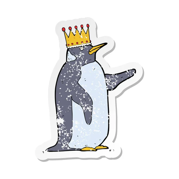 Retro etiket bir karikatür penguen giyen taç sıkıntılı. — Stok Vektör