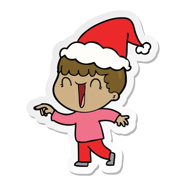 Lachende Aufkleber Karikatur eines Mannes mit Weihnachtsmütze — Stockvektor